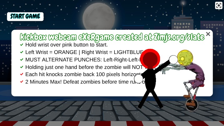 Zapp: Zombie kickbox stop+goback,return + you hit leftright rightleft to damage | ZIM JavaScript Canvas Framework - Code Creativity