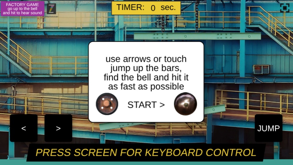 Zapp: balance game: ball-to-bell, JUMP on wiggle bars (keyboard + TOUCH <>up) | ZIM JavaScript Canvas Framework - Code Creativity