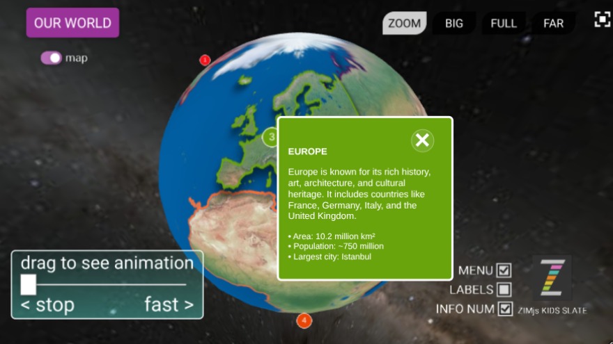 Zapp: 3D world continents : click colored numbers or labels to see annotation | ZIM JavaScript Canvas Framework - Code Creativity