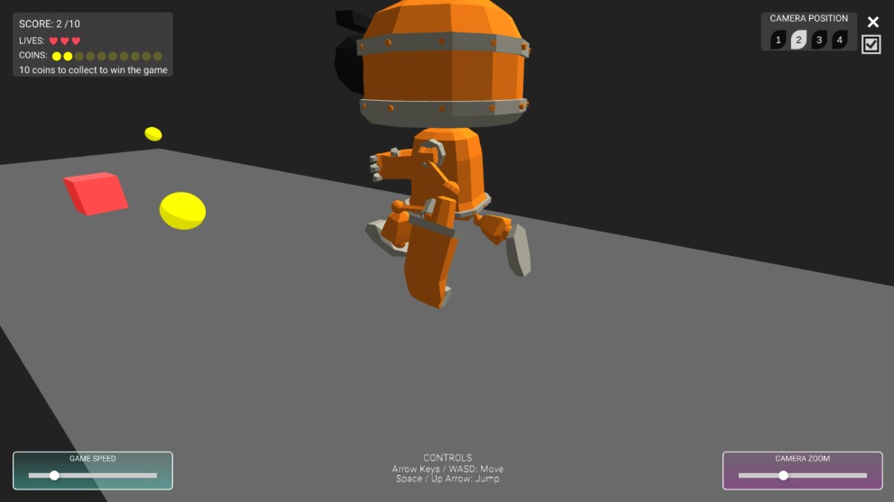 Zapp: robot yellow game: jump above red boxes, catch the 10 coins (sky:grey⁾ | ZIM JavaScript Canvas Framework - Code Creativity