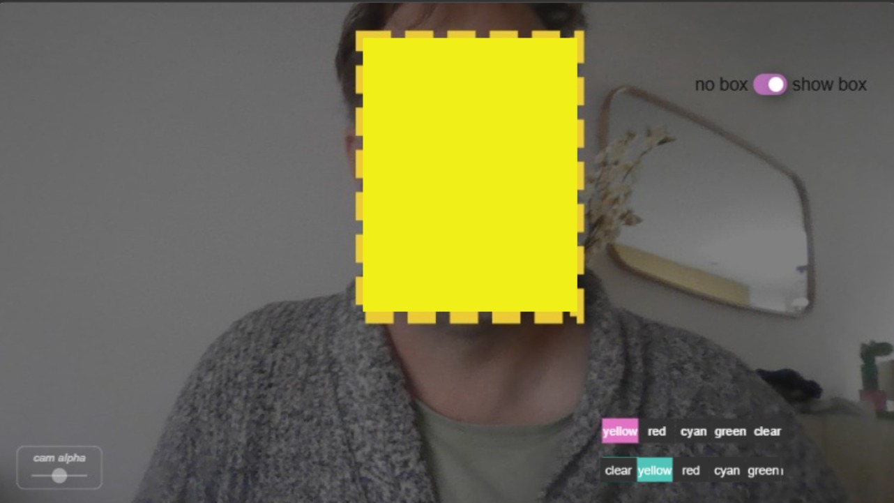 Zapp: Detect ml5js.org 1 Face-box : as original example with yellow dashed line color | ZIM JavaScript Canvas Framework - Code Creativity