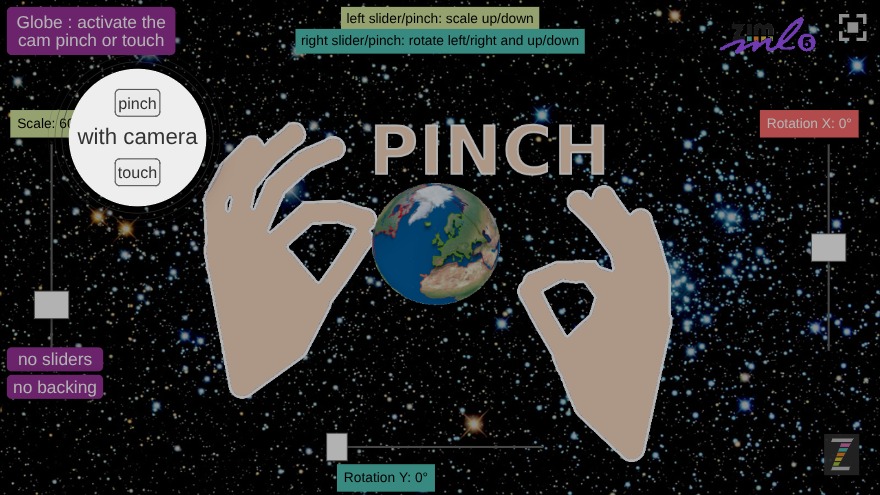Zapp: ZIM+ml5 hands PINK: CAM or touch+sliders: turning the globe/world (no anno) | ZIM JavaScript Canvas Framework - Code Creativity
