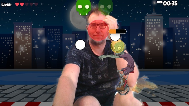 Zapp: Zombivison, kickbox zombie stopFyt +damage+expl.+lives+ camBig +waiter  | ZIM JavaScript Canvas Framework - Code Creativity