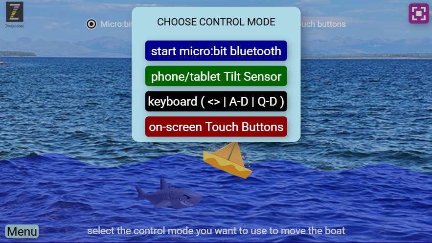 Zapp: TILTpane+microbit Pic(playboat): paddle <>|sensor|touch + radiobtns+shark | ZIM JavaScript Canvas Framework - Code Creativity