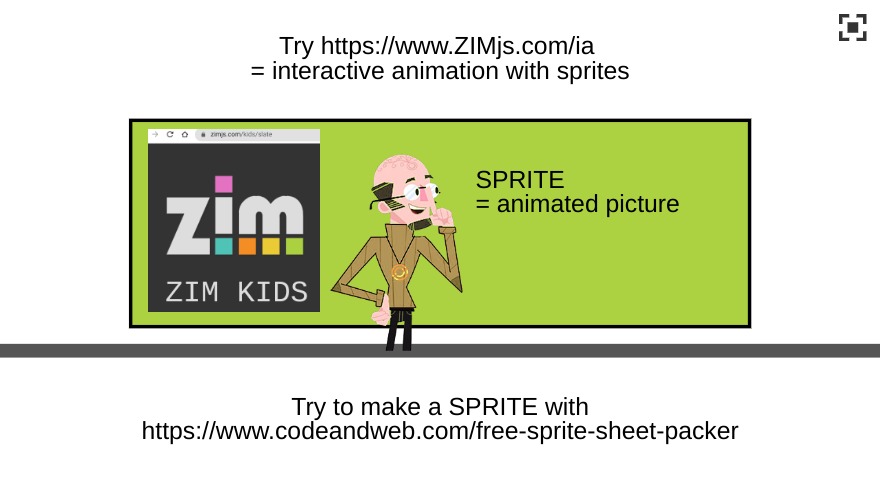 Zapp: sprite Dr. Abstract (Dan Zen) in classroom | ZIM JavaScript Canvas Framework - Code Creativity