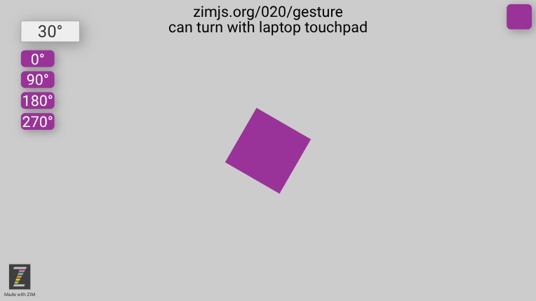 Zapp: .gesture() 020 can turn with laptop touchpad : new Rectangle() (version1) | ZIM JavaScript Canvas Framework - Code Creativity