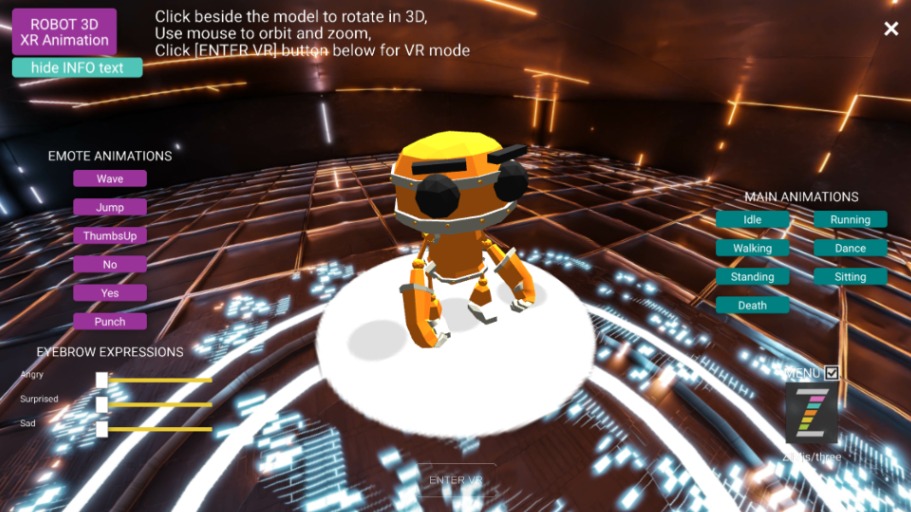 Zapp: Robot yellow VR/XR +HUD:walk/sit/wave.. expressions=eyebrow MENU on/off - Copy | ZIM JavaScript Canvas Framework - Code Creativity
