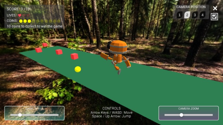 Zapp: robot yellow game: jump above red boxes, catch the 10 coins (wood+green) | ZIM JavaScript Canvas Framework - Code Creativity