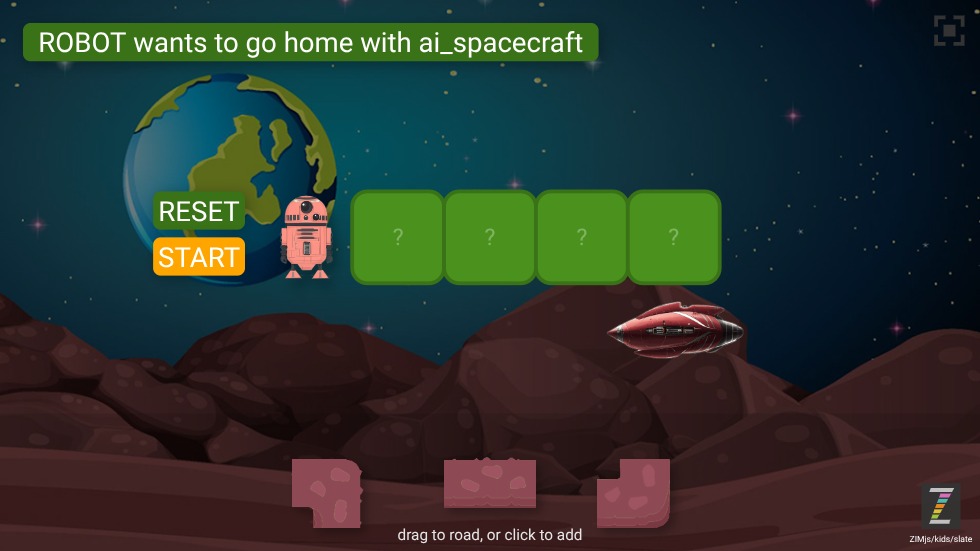 Zapp: Robot in Space: build array road to spaceship (2levels) : drag+click blocks! | ZIM JavaScript Canvas Framework - Code Creativity