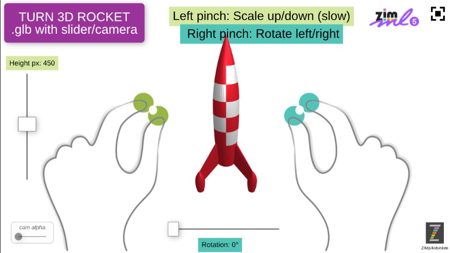 Zapp: PINCH thumb and long finger: to turn ROCKET +2 sliders scale + Xrotation | ZIM JavaScript Canvas Framework - Code Creativity