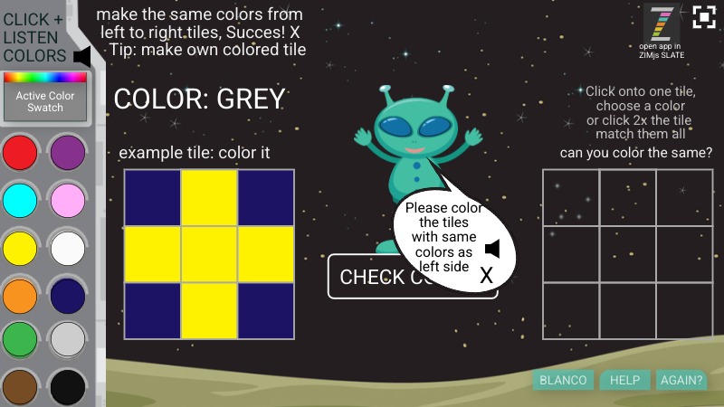 Zapp: TILE-MATCH-MIX-GAME: 2 TILES the SAME: (+READ+LISTEN to the color) | ZIM JavaScript Canvas Framework - Code Creativity