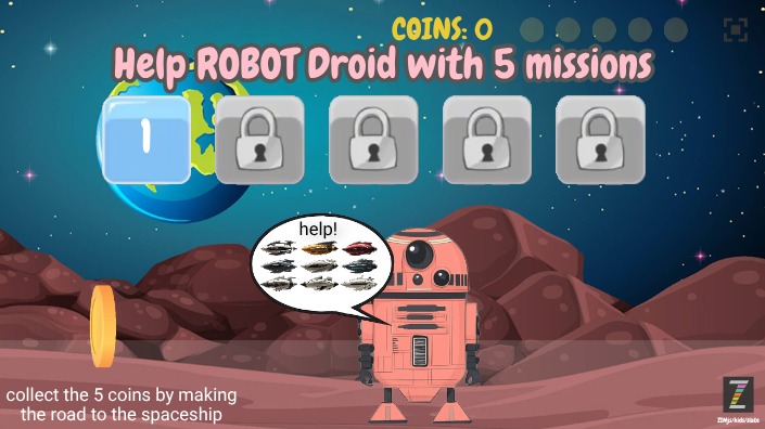 Zapp: Robot1Droid:5Missions: build 5 different roads to spaceshipCoin+Indicator EN | ZIM JavaScript Canvas Framework - Code Creativity