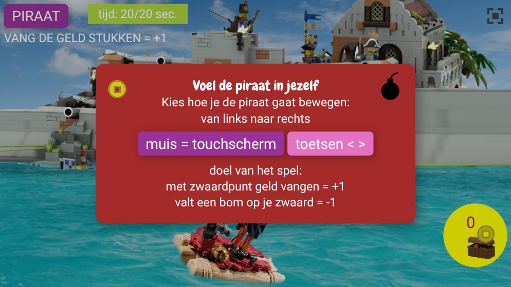 Zapp: piraat Jack: zwaardpunt raakt geldstuk=+1, bom -1 (touch+muis+<>) NL | ZIM JavaScript Canvas Framework - Code Creativity