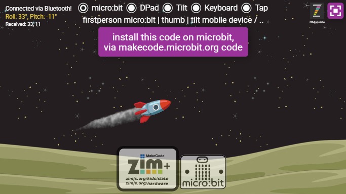 Zapp: TILT+all L: Emoji(rocket) choose DPAD|Tilt|Keyb|Tap|microbit (no arrow) | ZIM JavaScript Canvas Framework - Code Creativity