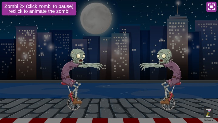 Zapp: Zombivison, animating  2x zombi (click them to pause) (no repeat) | ZIM JavaScript Canvas Framework - Code Creativity