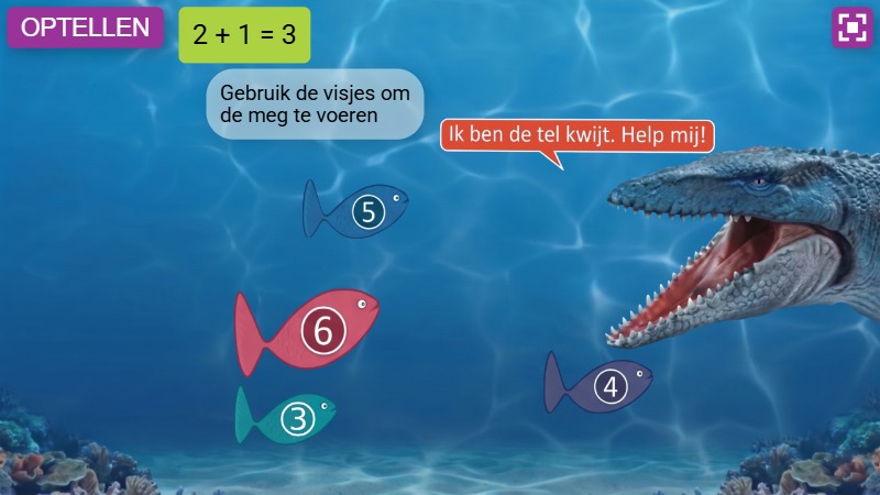 Zapp: Meg (prehistorische haai) eet vissen op, je ziet de som verschijnen | ZIM JavaScript Canvas Framework - Code Creativity