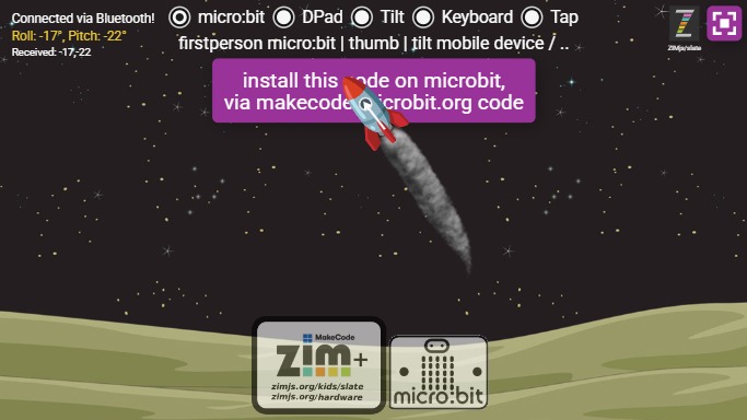 Zapp: TILT+all L: Emoji(rocket) choose DPAD|Tilt|Keyb|Tap|microbit (+arrow) | ZIM JavaScript Canvas Framework - Code Creativity