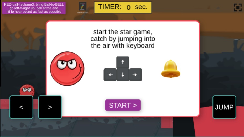 Zapp: red ball-to-bell, JUMP on obstaclePics (arrows+TOUCH <>up)winLabel(+lines) | ZIM JavaScript Canvas Framework - Code Creativity
