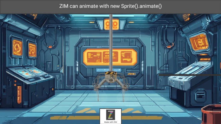 Zapp: factory crane animates on it's own a box - move it to the right side | ZIM JavaScript Canvas Framework - Code Creativity