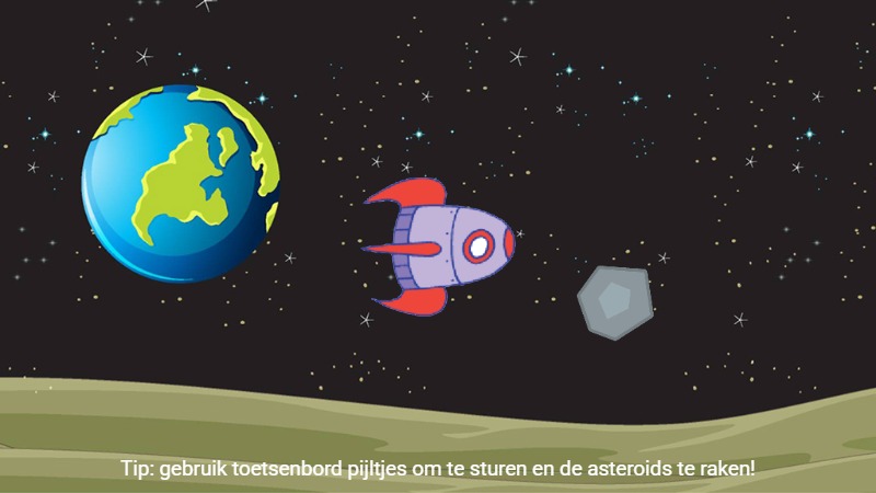 Zapp: Game asteroids laten ontploffen met raketin ZIMjsSlate (keys only)  | ZIM JavaScript Canvas Framework - Code Creativity