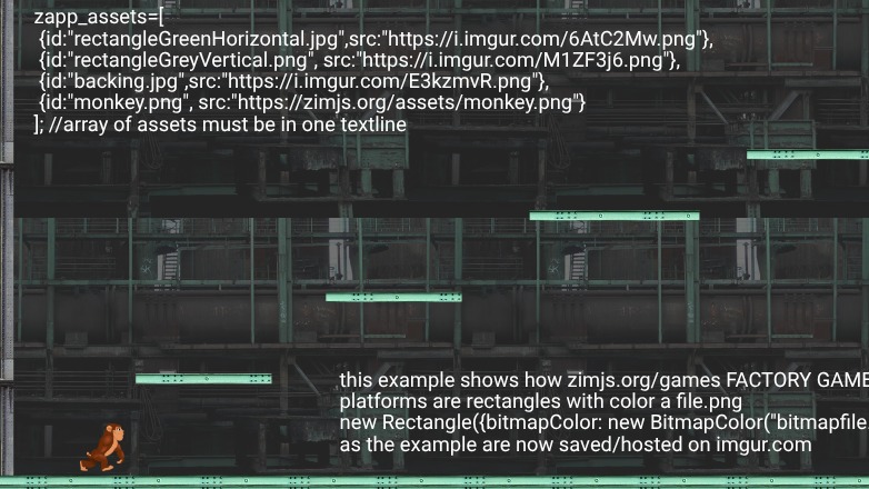 Zapp: Sidescroller: monkey walks + jump on platforms (bitmapfile imgur) noGame  | ZIM JavaScript Canvas Framework - Code Creativity