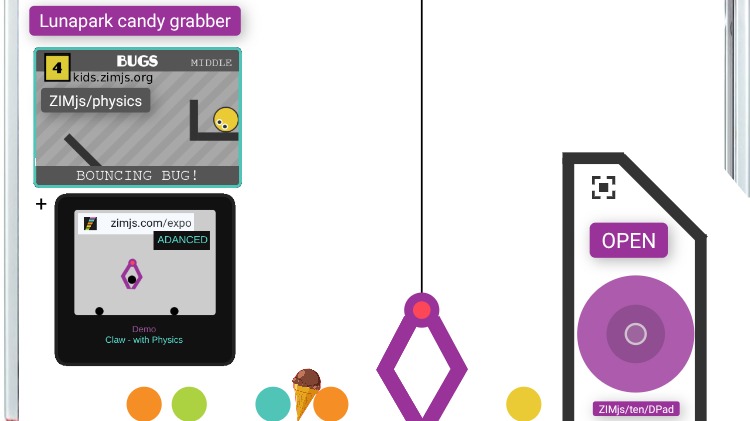 Zapp: crane: lunapark grabber: DPad(useBubble) open claw+catch circles+icecream | ZIM JavaScript Canvas Framework - Code Creativity
