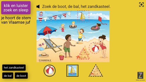 Zapp: Zoekprent strand: de bal, de boot, het zandkasteel (stem juf Eva) | ZIM JavaScript Canvas Framework - Code Creativity