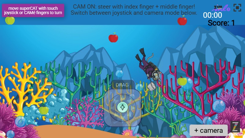 Zapp: superCat diving GAME green+red apples (octostudio dpad+cam2fingers) 10s | ZIM JavaScript Canvas Framework - Code Creativity