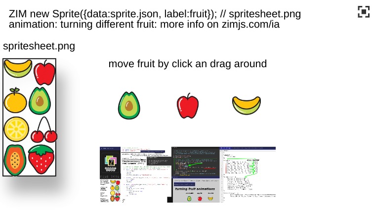 Zapp: fruit sprite turning (sprite with json) | ZIM JavaScript Canvas Framework - Code Creativity