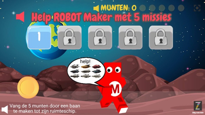 Zapp: Robot1Maker:5Missies: bouw de baan naar ruimteschipMunt (+Speech+Ind.) | ZIM JavaScript Canvas Framework - Code Creativity