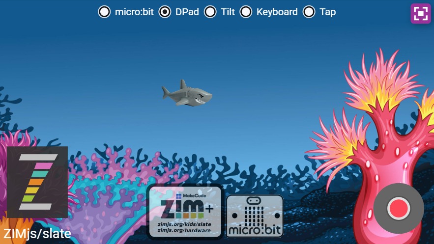Zapp: TILT +dpad L: new Pic(shark) microbit|dpad|tilt|keyb|tap (no arrow) | ZIM JavaScript Canvas Framework - Code Creativity