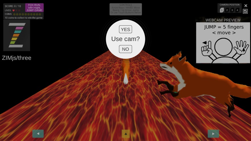 Zapp: LAVAgame FOX: catch coins, jump over red LAVA (key+touch+camML5) | ZIM JavaScript Canvas Framework - Code Creativity