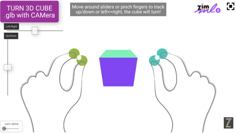 Zapp: PINCH thumb and long finger: to turn CUBE +2 sliders scale+rotationX | ZIM JavaScript Canvas Framework - Code Creativity