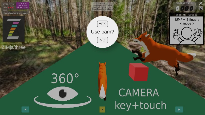 Zapp: FOXgame: catch coins, jump over red boxes (key+touch+cam=ML5)nospeed | ZIM JavaScript Canvas Framework - Code Creativity
