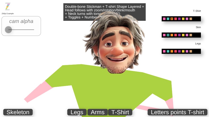 Zapp: sTickyman Lieven: head ontop of T-shirt and moving body (wrong legs) | ZIM JavaScript Canvas Framework - Code Creativity