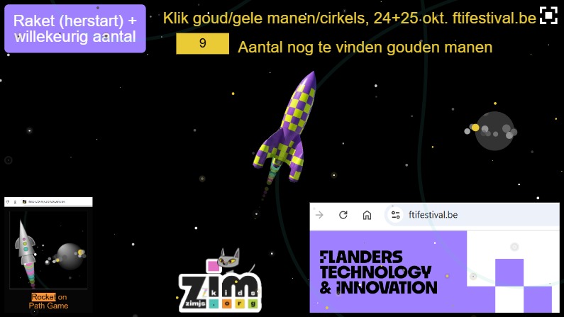 Zapp: gouden manen vangen met raket (org. codepen) + herstart + ftifestival.be | ZIM JavaScript Canvas Framework - Code Creativity