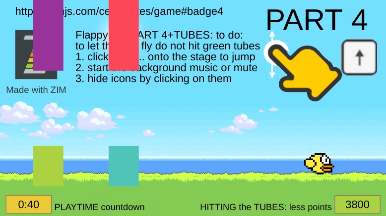 Zapp: part4: flappyBird: with tubes colored (+timer + scorer) | ZIM JavaScript Canvas Framework - Code Creativity