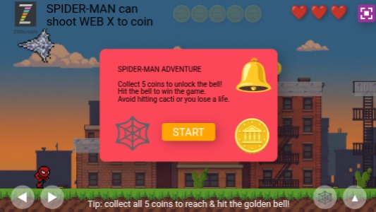 Zapp: Minecraft spiderMan walk+jumpshoot coins+ GAME (version3) bell | ZIM JavaScript Canvas Framework - Code Creativity