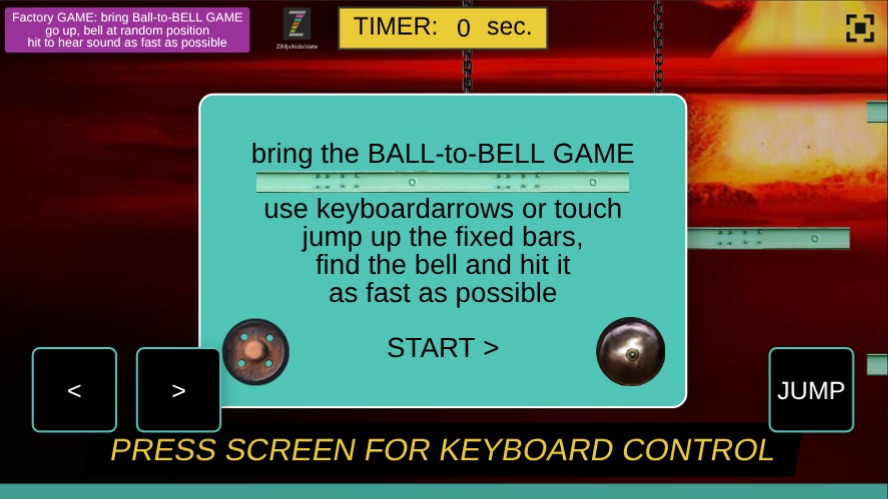 Zapp: balance game: ball-to-bell, JUMP on FIX bars (arrows+TOUCH <>up)winLabel | ZIM JavaScript Canvas Framework - Code Creativity