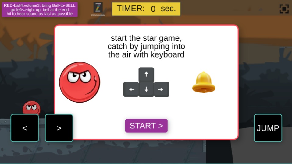 Zapp: red ball-to-bell, JUMP on obstaclePics:arrows+TOUCH<>up (winLabel+noLine) | ZIM JavaScript Canvas Framework - Code Creativity