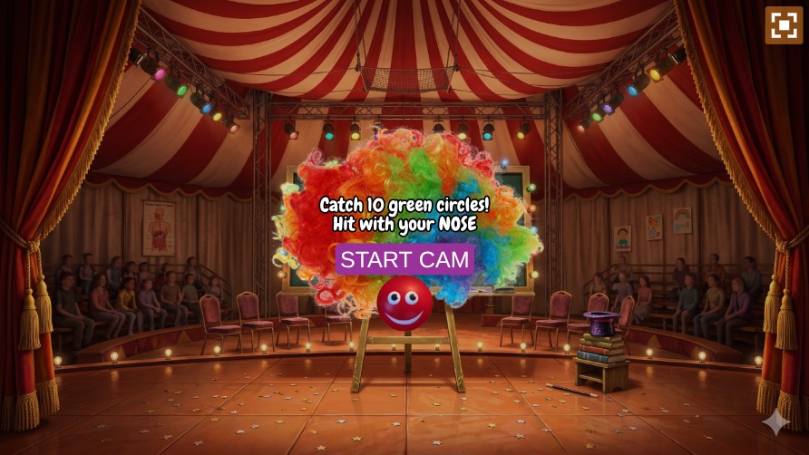Zapp: Clown nose can catch the 10 green circles.. will you try before the cam!  | ZIM JavaScript Canvas Framework - Code Creativity