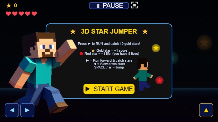Zapp: Minecraft 3DSteve: JUMP to ALL 2Dstars, not hit red stars (stars10+lives5) | ZIM JavaScript Canvas Framework - Code Creativity