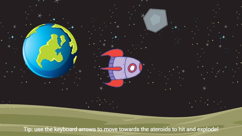 Zapp: Game asteroids explode when rocket hit remake in ZIMjsSlate (keys only) | ZIM JavaScript Canvas Framework - Code Creativity