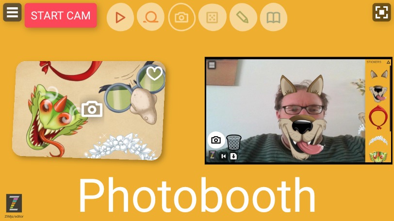 Zapp: Photobooth: take webcamPicture: Pic().gesture() 5 pics (v5) full Height | ZIM JavaScript Canvas Framework - Code Creativity
