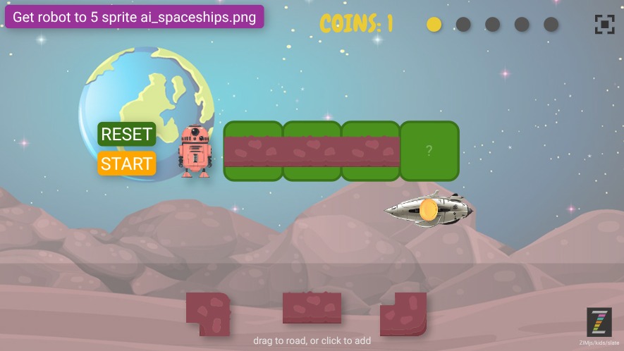 Zapp: Robot in Space: build array road to spaceship (5coins) : drag+click blocks! | ZIM JavaScript Canvas Framework - Code Creativity