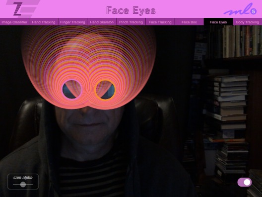 Zapp: <span style=color:#995599>018</span><br>ZIM - ML5 Face Eyes | ZIM JavaScript Canvas Framework - Code Creativity