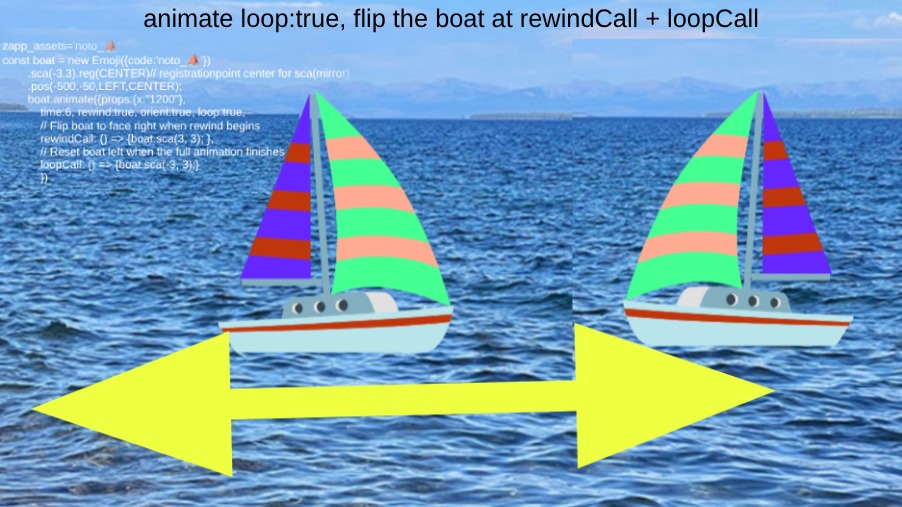 Zapp: Noto_sailboat +imgur ocean water OctoStudio + animation rewind+call | ZIM JavaScript Canvas Framework - Code Creativity