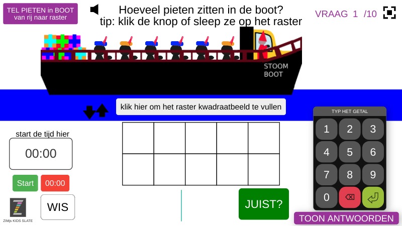 Zapp: PietmutsenBOOT herken een getal tot 10 (raster = pieten geen muts) | ZIM JavaScript Canvas Framework - Code Creativity