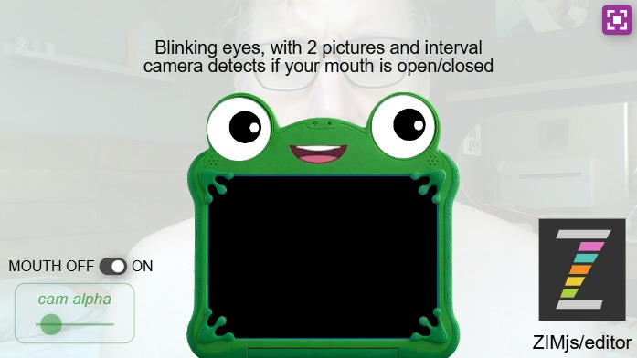 Zapp: blinking eyes tablet ToyStory5 + mouth ml5 moves when you open mouth | ZIM JavaScript Canvas Framework - Code Creativity