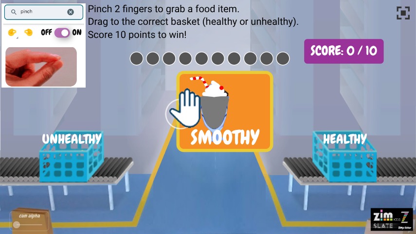 Zapp: ML5js PINCH+MATCH 10 FOODD ITEMS CORRECT: healty - unhealty | ZIM JavaScript Canvas Framework - Code Creativity